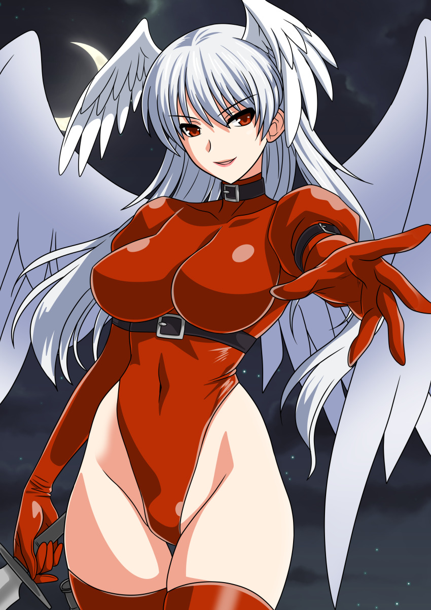 1girl absurdres angel_wings anime_coloring arms_behind_head arms_up athletic_leotard breasts commentary_request covered_navel crescent_moon feathered_wings final_fantasy final_fantasy_tactics head_wings highleg highleg_leotard highres large_breasts leotard long_sleeves moon night red_eyes red_leotard red_thighhighs solo thighhighs ultima_(fft) white_hair wings yuuyuu_(3jjbn)