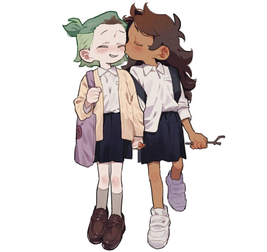2girls ^_^ amity_blight bag bangs_pinned_back black_skirt blush breast_pocket brown_hair brown_shoes cardigan closed_eyes closed_mouth collared_shirt commentary_request couple dark-skinned_female dark_skin dayama dress_shirt forehead full_body green_hair grey_socks hair_behind_ear highres holding holding_hands holding_strap interracial kiss kissing_cheek knees leg_up loafers long_hair long_sleeves luz_noceda miniskirt multicolored_hair multiple_girls nose_blush one_side_up open_cardigan open_clothes pleated_skirt pocket purple_bag raised_eyebrows roots_(hair) school_uniform shirt shirt_partially_tucked_in shirt_tucked_in shoes short_hair shoulder_bag simple_background skirt sneakers socks standing the_owl_house twig u_u white_background white_shirt white_shoes white_sneakers wing_collar yellow_cardigan yuri