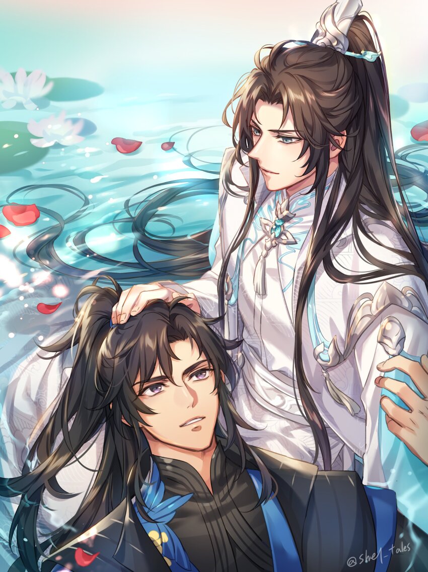 2boys absurdres black_hanfu blue_eyes brown_hair chinese_clothes chu_wanning closed_mouth erha_he_ta_de_bai_mao_shizun flower half_updo hand_on_another&#039;s_arm hand_on_another&#039;s_head hanfu high_ponytail highres lap_pillow long_sleeves looking_at_another lotus lotus_leaf lying male_focus mo_ran multiple_boys on_back partially_submerged ponytail purple_eyes red_petals sash sitting smile tassel white_hanfu white_sash wide_sleeves xiao_guan_(headdress) yaoi zehel_az