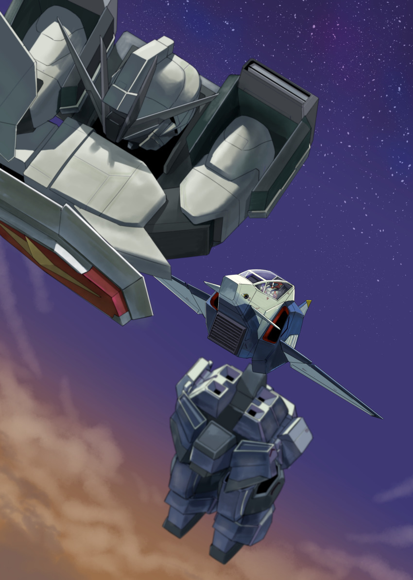 1boy aircraft airplane commentary core_fighter core_splendor english_commentary english_text exocet_(exocet4) fighter_jet flying gundam gundam_seed gundam_seed_destiny henshin highres holding holding_shield humanoid_robot impulse_gundam joints male_focus mecha mechanical_arms mechanical_legs military_vehicle mobile_suit night night_sky no_humans pilot pilot_suit pixiv robot robot_joints science_fiction shield shinn_asuka sky solo_focus star_(sky) transformation translated v-fin