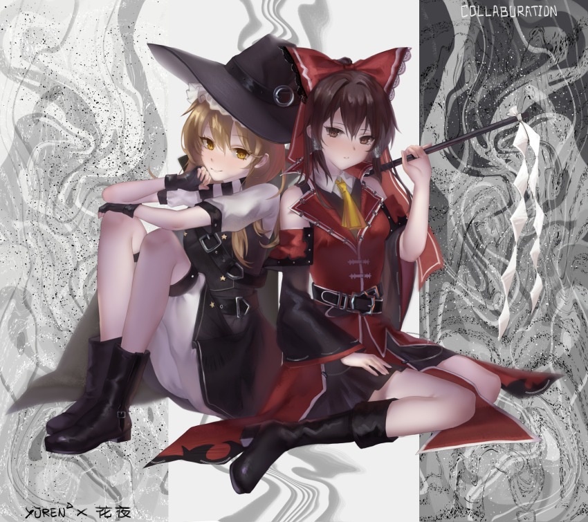 2girls artist_collaboration artist_name ascot belt black_boots black_gloves black_hat black_skirt blonde_hair bloomers boots bow brown_eyes brown_hair closed_mouth collared_shirt commentary_request detached_sleeves expressionless fingerless_gloves frills full_body gloves gohei hair_bow hakurei_reimu hanaya_(fleur) hat highres holding holding_gohei kirisame_marisa koumajou_densetsu lace-trimmed_bow lace_trim light_smile long_hair long_sleeves looking_at_viewer multiple_belts multiple_girls parted_lips partial_commentary pleated_skirt red_bow ribbon-trimmed_sleeves ribbon_trim shirt short_sleeves sitting skirt star_(symbol) star_print touhou underwear white_bloomers wide_sleeves yellow_ascot yellow_eyes yuuren_kyouko