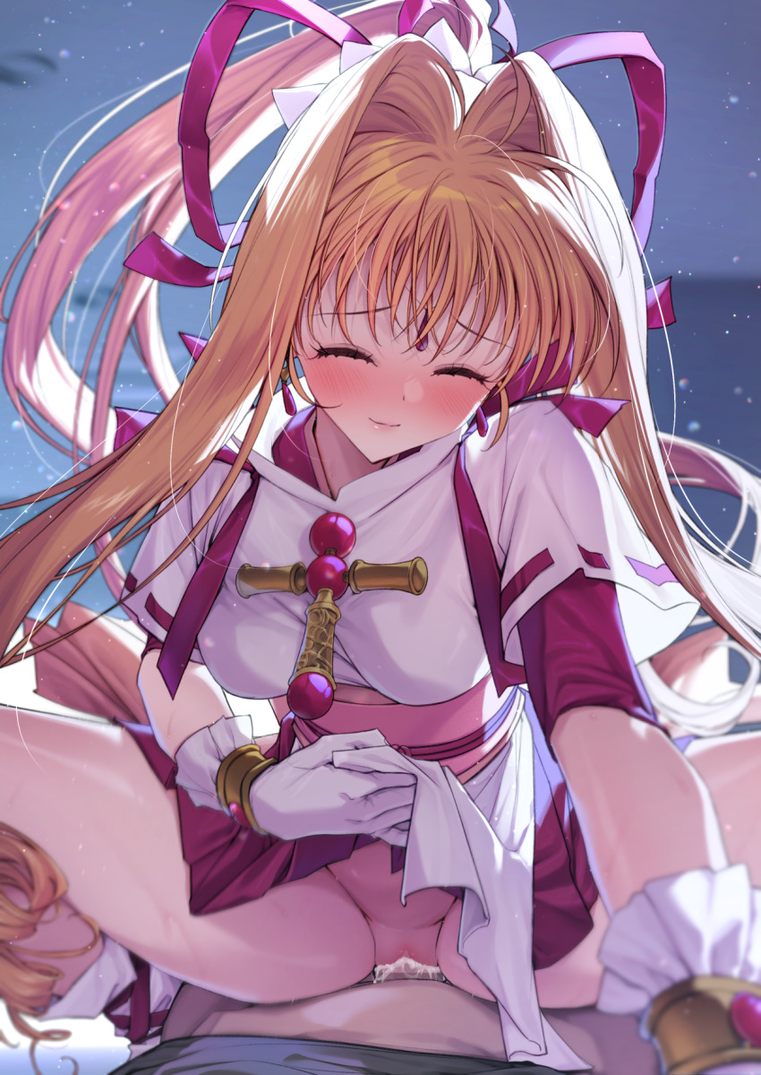 1boy 1girl :o ahoge alfred_(artist) blonde_hair blue_background blush boots bow breasts closed_eyes clothed_sex clothes_lift cowgirl_position cross cross_necklace cum cum_in_pussy cum_overflow deep_penetration dot_nose earrings facing_viewer girl_on_top gloves hair_bow hair_intakes happy_sex head_tilt hetero highres jewelry kaitou_jeanne kamikaze_kaitou_jeanne knee_boots kusakabe_maron large_variant_set lifting_own_clothes long_hair magical_girl medium_breasts necklace no_panties obi open_mouth ponytail pussy raised_eyebrows red_bow red_skirt sash sex shirt shirt_lift skirt smile squatting_cowgirl_position straddling vaginal variant_set white_footwear white_gloves white_shirt