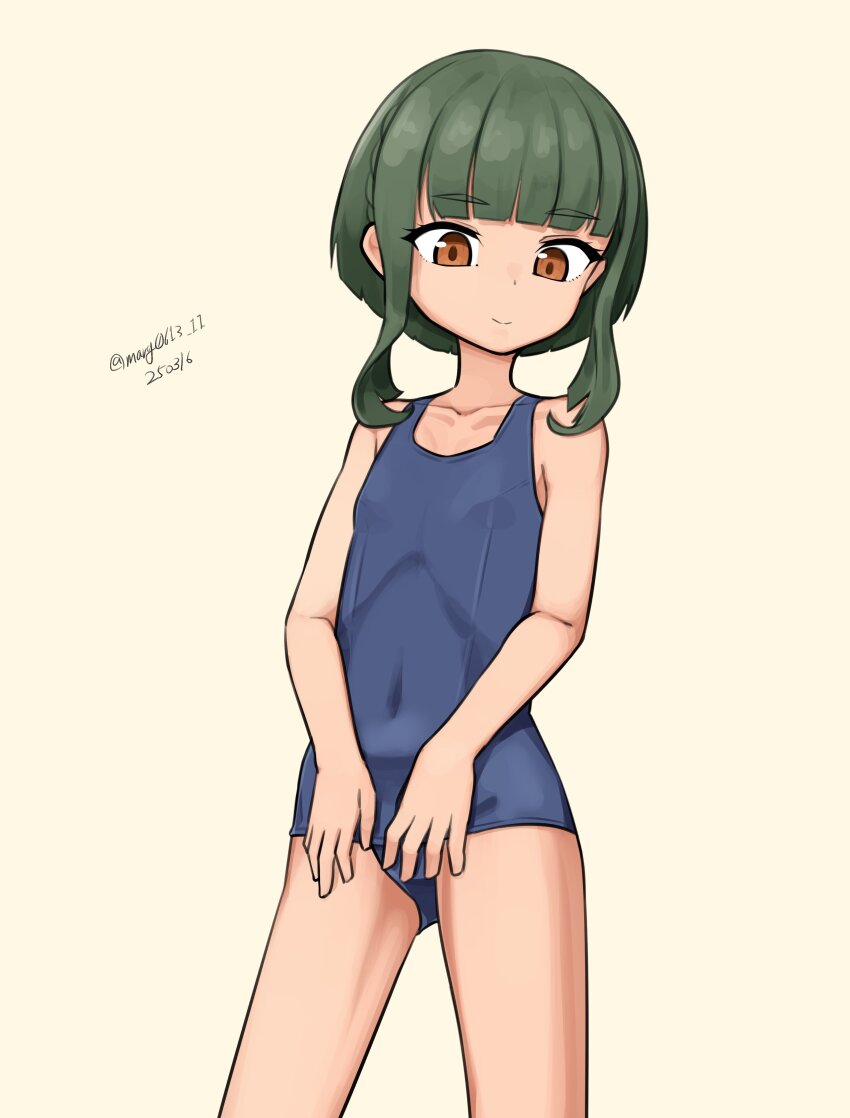 1girl absurdres blue_one-piece_swimsuit bob_cut brown_eyes covered_navel dated flat_chest green_hair highres kantai_collection maru_(marg0613) one-hour_drawing_challenge one-piece_swimsuit school_swimsuit short_hair short_hair_with_long_locks solo swimsuit takanami_(kancolle) twitter_username white_background