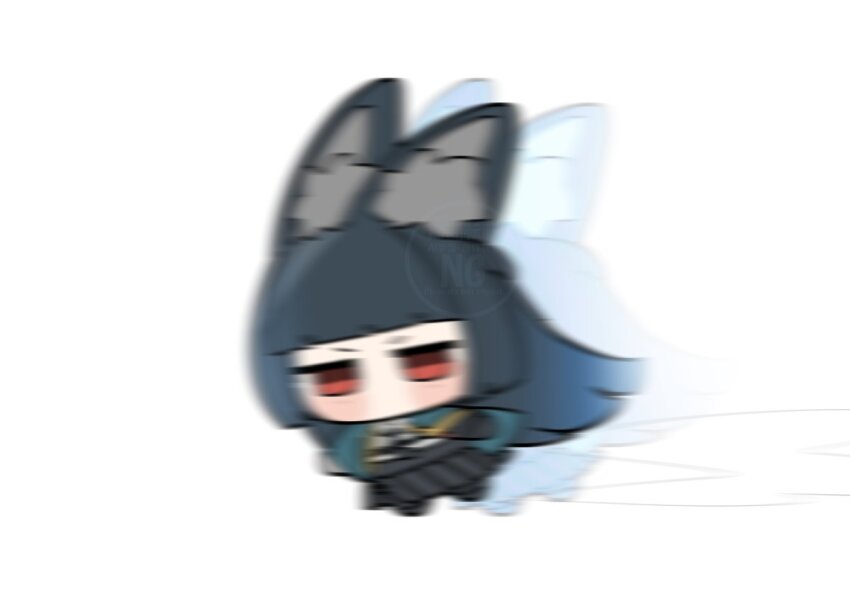 1girl animal_ear_fluff animal_ears aqua_capelet black_hair black_necktie black_skirt blunt_bangs blunt_ends blush_stickers chibi commentary_request hime_cut hoshimi_miyabi jitome long-eared_miyabi_(meme) long_hair meme motion_blur necktie no_mouth pleated_skirt red_eyes shinonome_nashi shirt simple_background skirt solo very_long_ears very_long_hair watermark white_background white_shirt zenless_zone_zero
