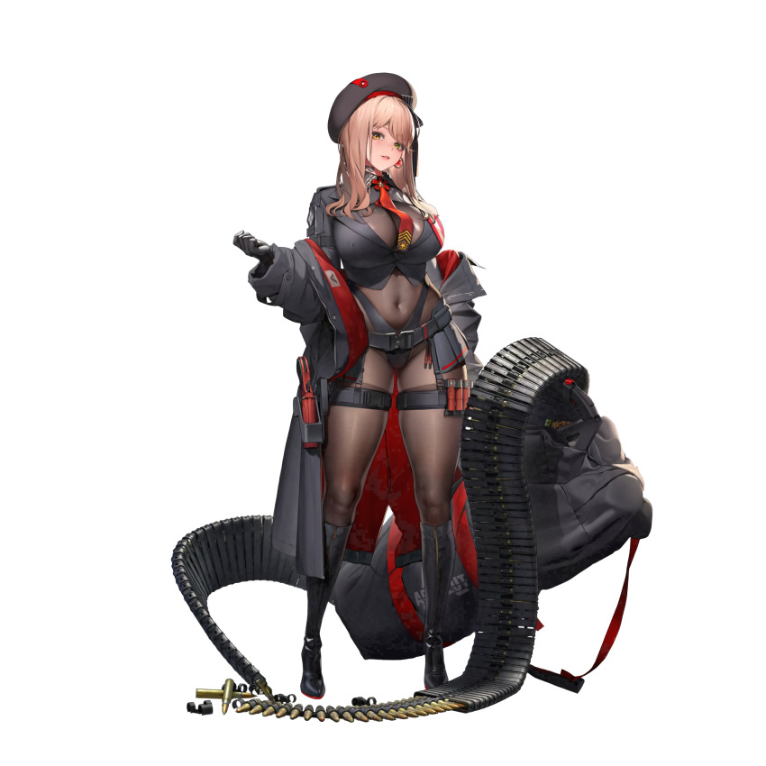 1girl beret black_pantyhose black_shirt black_skirt bodystocking breasts copyright_name curvy emma_(nikke) fingerless_gloves full_body gloves goddess_of_victory:_nikke gun hat highres holding holding_gun holding_weapon hyulla large_breasts military military_hat military_uniform navel official_art pantyhose pleated_skirt shirt skirt solo squatting thighband_pantyhose weapon zoom_layer