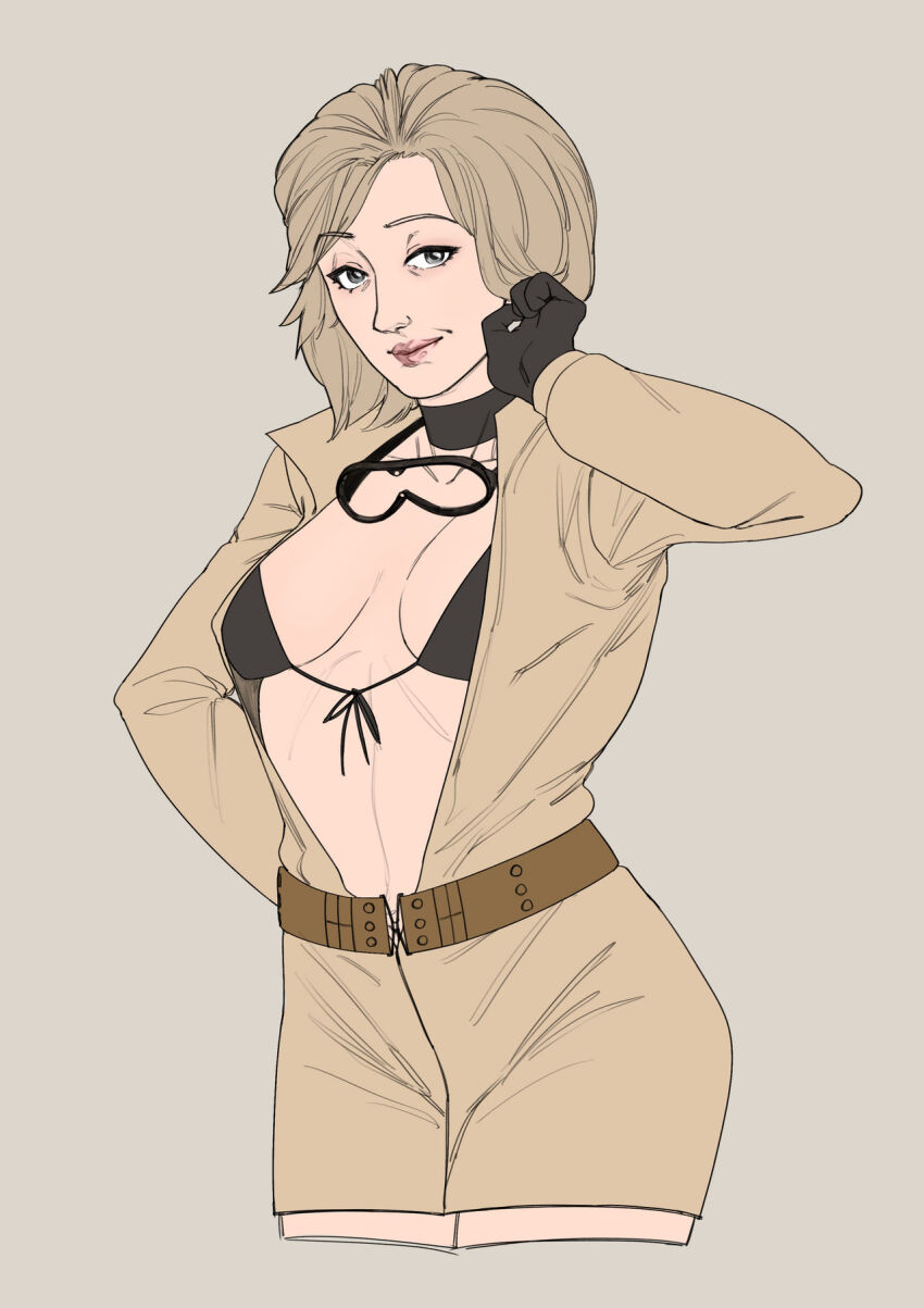 1girl belt black_bra black_gloves bra breasts brown_eyes choker coat cowboy_shot eva_(metal_gear) gloves goggles grey_hair highres konami looking_at_viewer mature_female medium_breasts metal_gear_(series) metal_gear_solid metal_gear_solid_3:_snake_eater mrocelot66 navel open_clothes simple_background smirk solo underwear