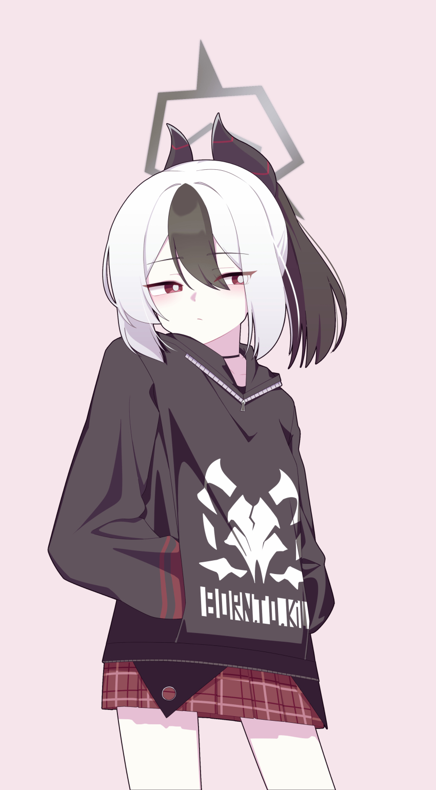 1girl absurdres black_hair black_hoodie black_horns blue_archive commentary demon_horns hair_between_eyes halo hands_in_pockets highres hood hoodie horns kayoko_(blue_archive) long_sleeves meteor_(ks111278) miniskirt plaid_clothes plaid_skirt pleated_skirt ponytail red_eyes red_skirt sidelocks skirt solo standing white_hair