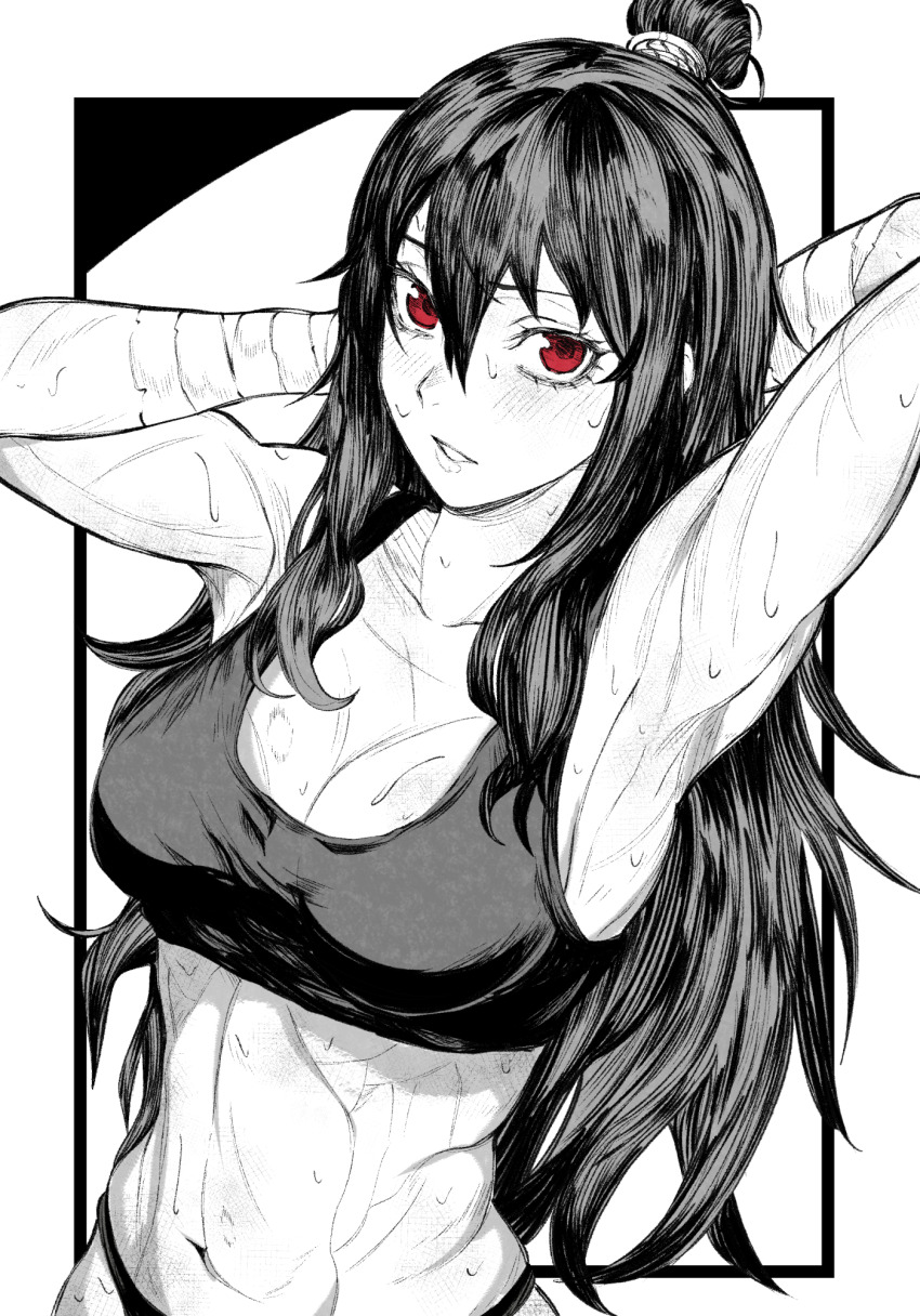 1girl abs arm_wrap armpits arms_behind_head arms_up bare_shoulders black_border black_bra black_hair black_panties blush border bra breasts cleavage collarbone commentary english_commentary greyscale hair_between_eyes highres library_of_ruina long_hair looking_at_viewer medium_breasts midriff monochrome muscular muscular_female navel nb8c open_mouth outside_border panties parted_lips project_moon red_eyes sidelocks simple_background solo sports_bra spot_color stomach sweat toned toned_female underwear upper_body very_long_hair white_background xiao_(project_moon)
