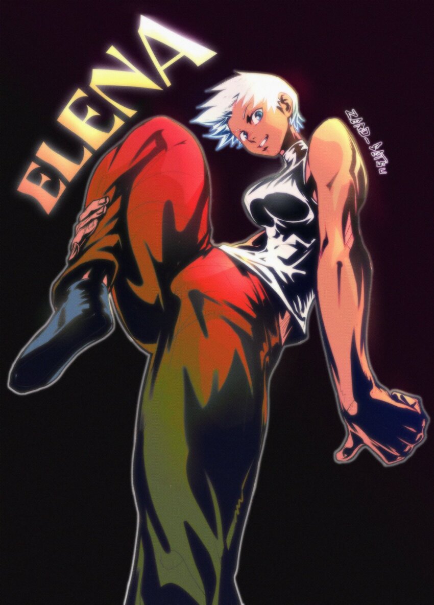 1girl blue_eyes breasts dark-skinned_female dark_skin earrings elena_(street_fighter) highres jewelry large_breasts leg_lift leg_up looking_at_viewer medium_breasts muscular muscular_female pants red_pants shirt short_hair sleeveless sleeveless_turtleneck smile solo standing standing_on_one_leg street_fighter street_fighter_iii_(series) toned turtleneck white_hair zero_setsu