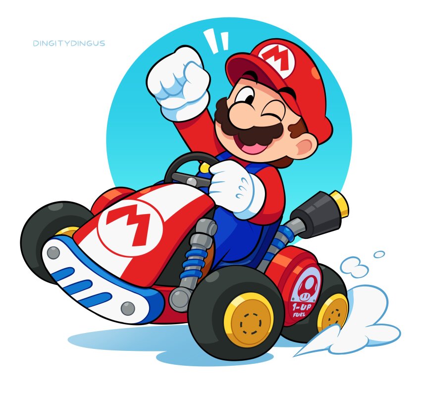1boy absurdres artist_name blue_overalls brown_hair facial_hair gloves go-kart hat highres mario mario_(series) mario_kart mario_kart_world mustache nintendo one_eye_closed open_mouth overalls red_hat red_shirt shirt short_hair vinny_(dingitydingus) white_background white_gloves