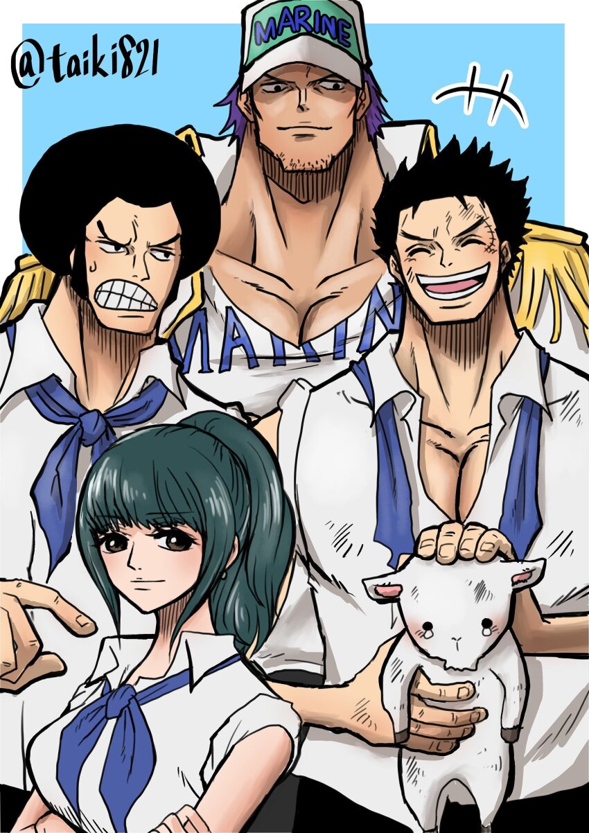 1girl 3boys afro aged_down animal artist_name baseball_cap black_hair blue_neckerchief blush closed_eyes crossed_arms english_text epaulettes facial_hair goat green_hair hat high_ponytail highres long_hair military_uniform monkey_d._garp multiple_boys neckerchief one_piece one_piece_film:_z open_mouth ponytail purple_hair scar scar_on_face sengoku&#039;s_goat sengoku_(one_piece) short_hair sideburns smile taiki821 teeth tsuru_(one_piece) zephyr_(one_piece)