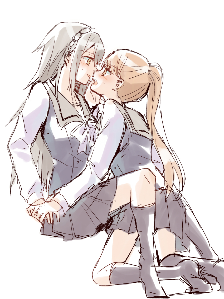 2girls absurdres bad_id bad_pixiv_id blush face-to-face grey_hair hand_on_another&#039;s_face headband highres kirari_hikaru kneeling kureha_yuna long_hair magia_record:_mahou_shoujo_madoka_magica_gaiden mahou_shoujo_madoka_magica matsuzaka_(matsuzakagyu_29) messy_hair multiple_girls orange_eyes orange_hair ponytail school_uniform sitting yellow_eyes yuri