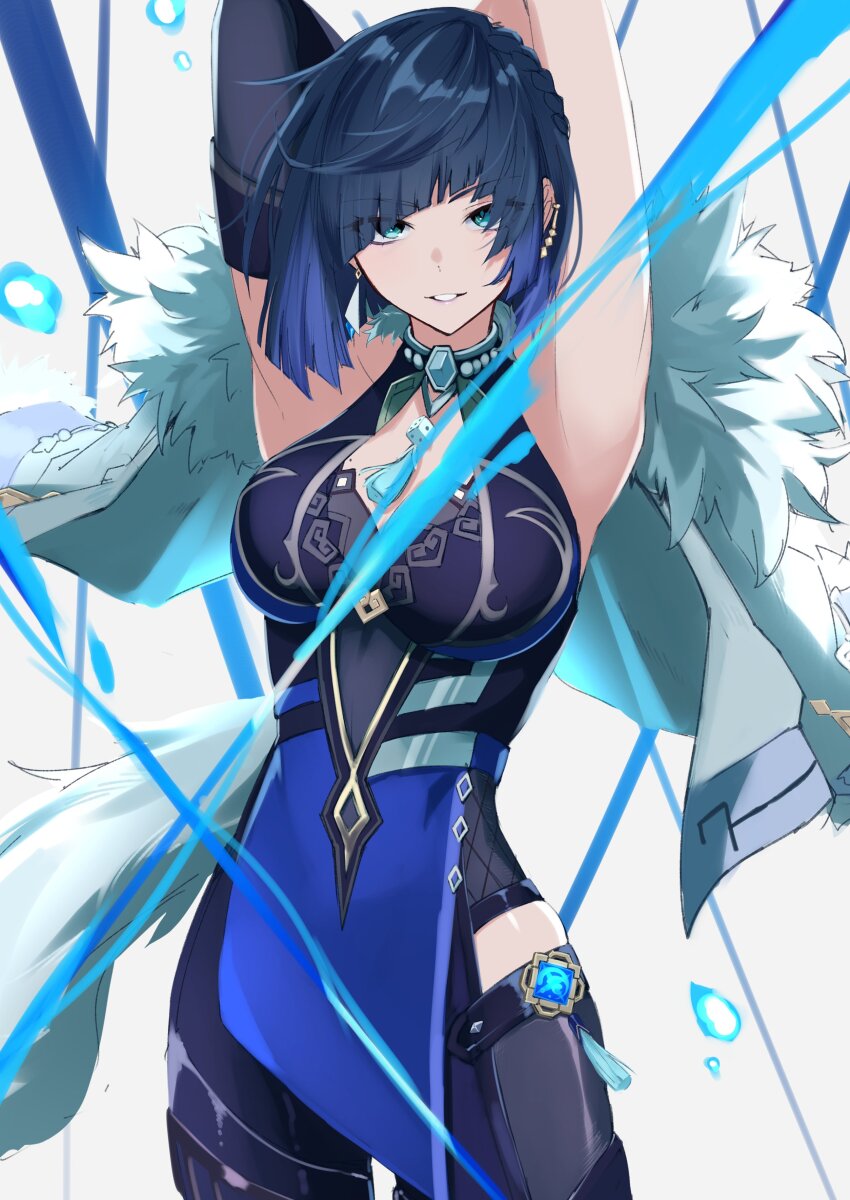 1girl absurdres aqua_eyes bare_shoulders black_thighhighs blue_eyes blue_hair breasts cleavage_cutout clothing_cutout cowboy_shot cutout danboru_(jdanboru1182) diagonal_bangs dice earrings genshin_impact hands_up highres jewelry large_breasts looking_at_viewer pelvic_curtain smile solo thighhighs white_background yelan_(genshin_impact)