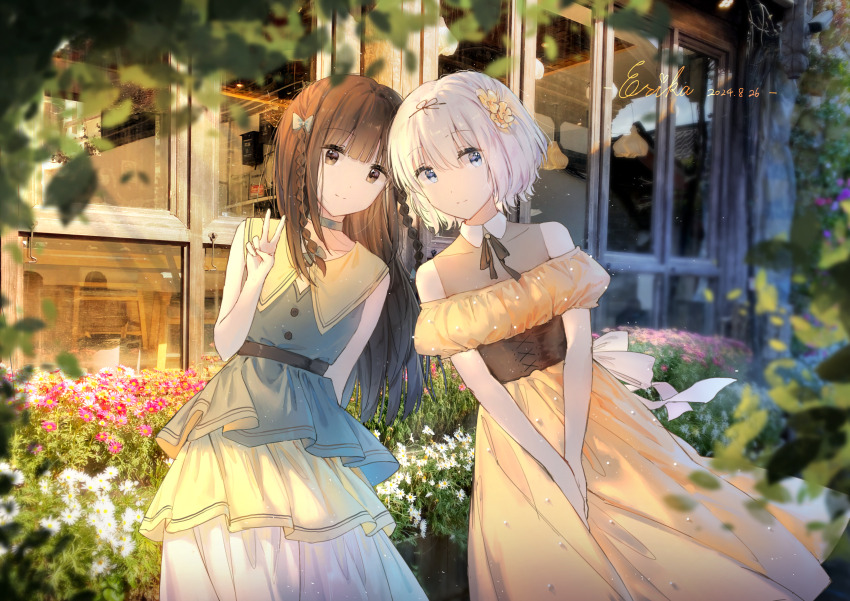 2girls absurdres blue_eyes brown_eyes brown_hair buttons choker collared_dress day dress erika_(user_spth3377) green_dress hair_ribbon hanamura_hinako highres kitanai_kimi_ga_ichiban_kawaii light_smile long_hair looking_at_viewer multiple_girls off-shoulder_dress off_shoulder outdoors photo_background ribbon sezaki_airi short_hair sleeveless sleeveless_dress standing twintails v white_hair yellow_dress