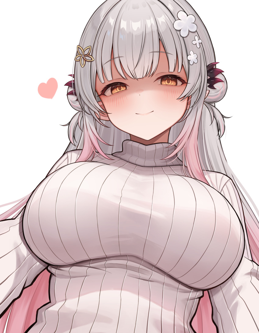 1girl absurdres blush breasts closed_mouth commentary_request daysss double_bun empty_eyes evil_smile flower grey_hair hair_bun hair_flower hair_ornament hairclip headgear heart highres indie_virtual_youtuber large_breasts long_hair long_sidelocks looking_at_viewer partially_shaded_face pink_hair ribbed_sweater side_up_bun sidelocks simple_background smile solo suou_patra sweater taut_sweater turtleneck turtleneck_sweater upper_body virtual_youtuber white_background white_sweater yandere