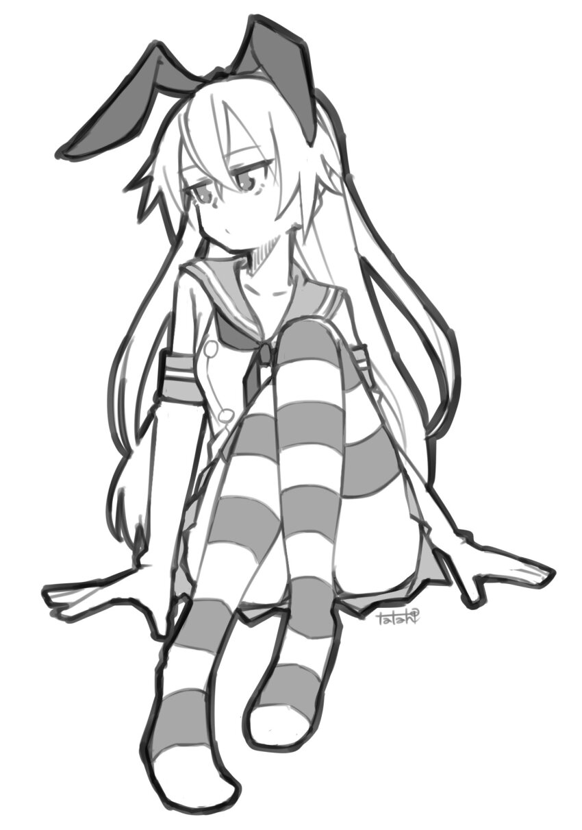 1girl blue_skirt crop_top elbow_gloves full_body gloves hairband highres kantai_collection long_hair looking_to_the_side microskirt miniskirt neckerchief pleated_skirt sailor_collar sailor_shirt shimakaze_(kancolle) shirt sitting skirt sleeveless sleeveless_shirt solo striped_clothes striped_thighhighs tatahai thighhighs