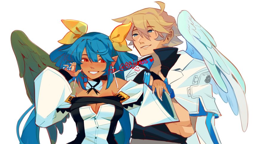 1boy 1girl absurdres angel_wings asymmetrical_wings blonde_hair blue_eyes blue_hair borcheim breasts cleavage dizzy_(guilty_gear) guilty_gear highres husband_and_wife ky_kiske medium_breasts pointy_ears red_eyes ribbon slit_pupils smile wings yellow_ribbon