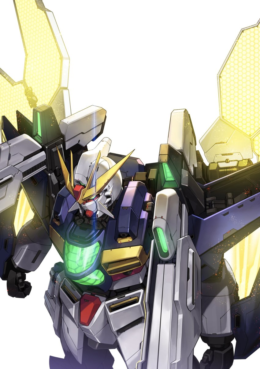 absurdres after_war_gundam_x glowing green_eyes gundam gundam_double_x highres mecha nakamura_eight no_humans robot satellite_cannon shoulder_cannon white_background