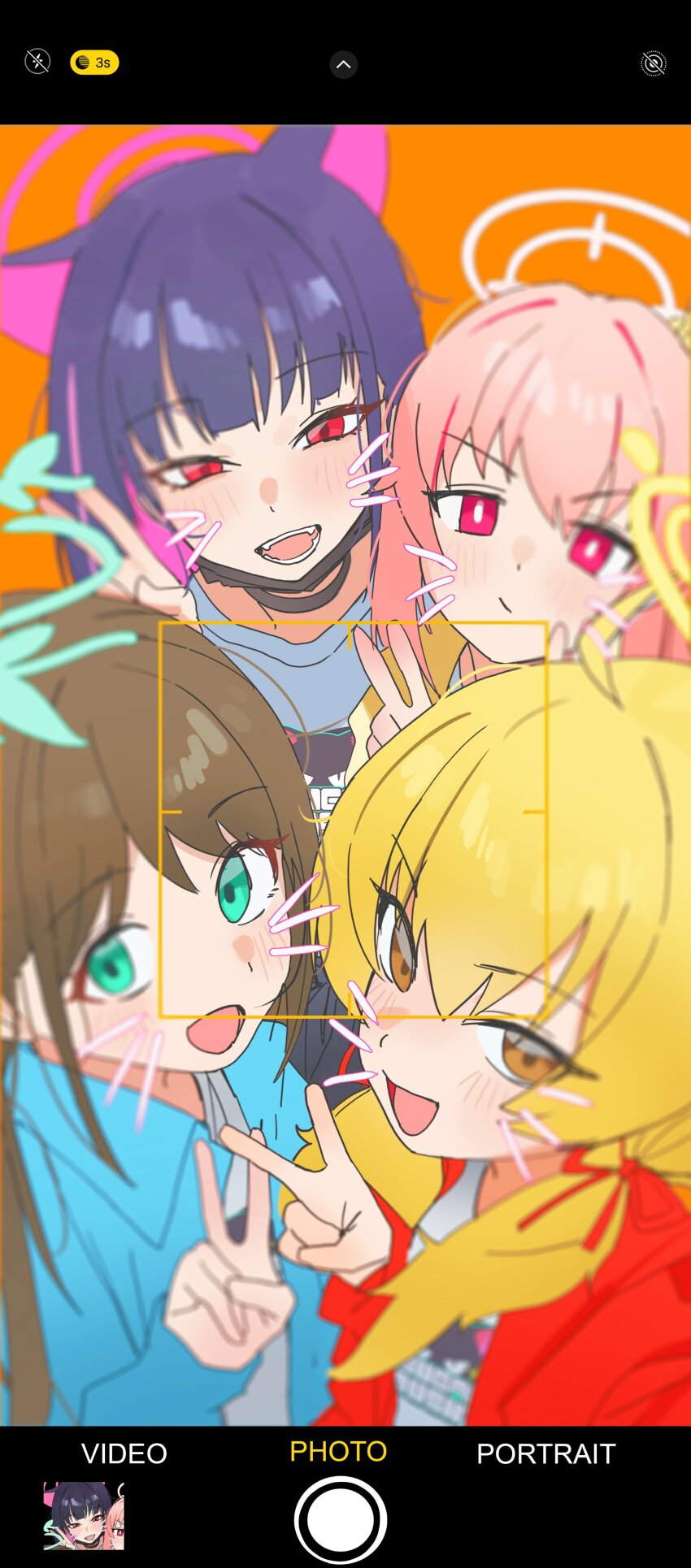 4girls :d absurdres airi_(band)_(blue_archive) airi_(blue_archive) animal_ears blonde_hair blue_archive blue_jacket brown_eyes brown_hair cat_ears closed_mouth english_text fangs female_focus green_eyes green_halo halo highres jacket kazusa_(band)_(blue_archive) kazusa_(blue_archive) long_hair looking_at_viewer multicolored_hair multiple_girls natsu_(band)_(blue_archive) natsu_(blue_archive) open_mouth pink_eyes pink_hair purple_halo red_eyes red_jacket riel_(rielilu) shirt simple_background smile tagme v viewfinder yellow_halo yellow_jacket yoshimi_(band)_(blue_archive) yoshimi_(blue_archive)
