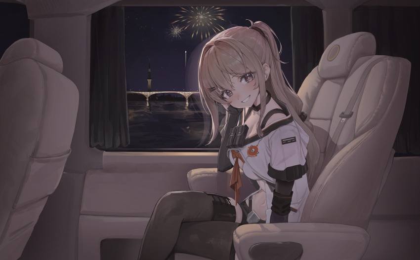 1girl absurdres aerial_fireworks apopo black_gloves black_shorts black_skirt blush breasts brown_eyes brown_hair commentary_request crossed_legs curtains diamond-shaped_pupils diamond_(shape) fireworks girls&#039;_frontline girls&#039;_frontline_2:_exilium gloves hair_between_eyes hair_intakes highres k2_(girls&#039;_frontline) long_hair looking_at_viewer navel neckerchief night night_sky one_side_up orange_neckerchief short_shorts shorts sitting skirt sky smile solo symbol-shaped_pupils thighhighs train_interior yoohee_(girls&#039;_frontline_2)