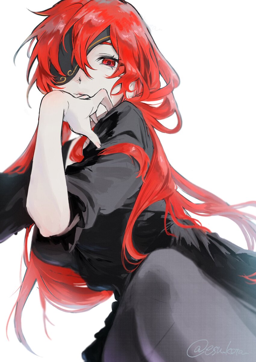1girl absurdres black_dress breasts closed_mouth dress esu_kota eyelashes eyepatch finger_to_mouth hand_up highres hwa_ryun knee_up lips long_hair looking_at_viewer one_eye_covered original pantyhose red_eyes red_hair shadow solo tower_of_god white_background