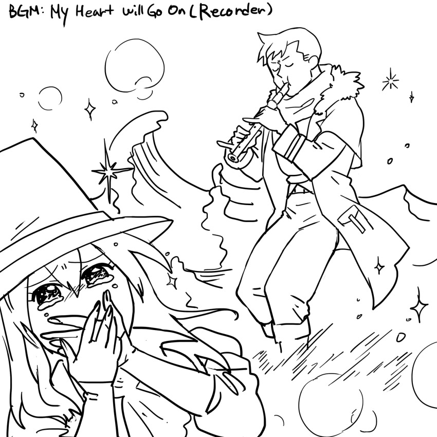 1boy 1girl bandana boots capotain coat darkest_dungeon flute fur_trim graverobber_(darkest_dungeon) greyscale hair_between_eyes hat highres highwayman_(darkest_dungeon) holding holding_instrument instrument knee_boots long_hair meme monochrome music overcoat playing_instrument recorder short_hair tearing_up varamill waves