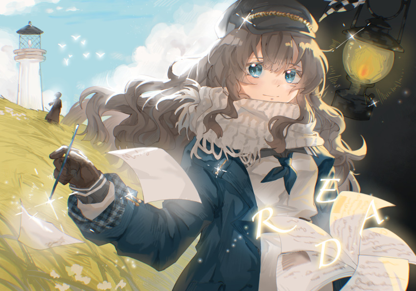 2girls again_nuo blue_coat blue_eyes blue_neckerchief blue_sky brown_gloves brown_hair closed_mouth cloud coat day dress flying_paper gloves grass greta_hofmann grey_hat hat highres hill holding holding_paper holding_pen lantern lighthouse long_hair looking_at_viewer marcus_(reverse:1999) multiple_girls neckerchief newsboy_cap outdoors paper pen reverse:1999 scarf simple_bird sky solo solo_focus sparkle upper_body white_dress white_scarf