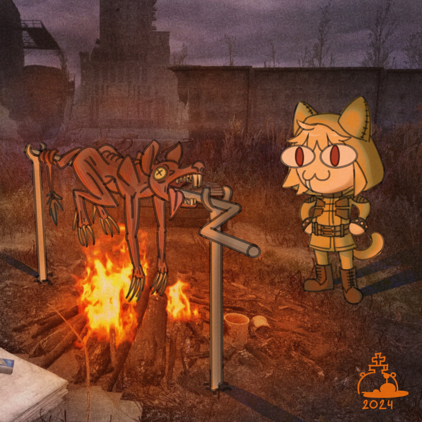 1girl 2024 :3 adapted_costume antykvarnyy_kalamar blonde_hair campfire cooking crossover drooling game_screenshot_inset highres hungry meme military neco-arc red_eyes rodent_(stalker) stalker_(game) stalker_2:_heart_of_chornobyl