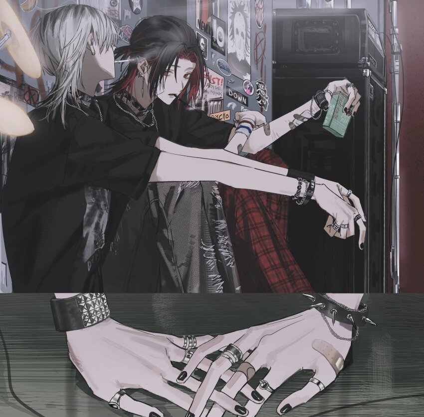 2boys akane_(st31010) amplifier bandaid bandaid_on_arm bandaid_on_hand black_choker black_hair black_nails black_shirt blonde_hair bracelet chain chain_bracelet checkered_clothes checkered_pants choker cigarette cigarette_pack couple denim drum drum_set ear_piercing earrings english_text from_side grey_pants hand_focus highres holding holding_cigarette holding_cigarette_pack holding_hands indoors instrument jeans jewelry knees_up lighting_cigarette looking_at_viewer male_focus medium_hair multicolored_hair multiple_boys multiple_rings multiple_scars original pants parted_lips piercing poster_(object) print_shirt red_eyes red_hair red_pants ring scar scar_on_arm shirt sitting smoke smoking spiked_bracelet spikes st31010 stud_earrings toi_(st31010) torn_clothes torn_jeans torn_pants two-tone_hair upper_body wrist_belt yaoi
