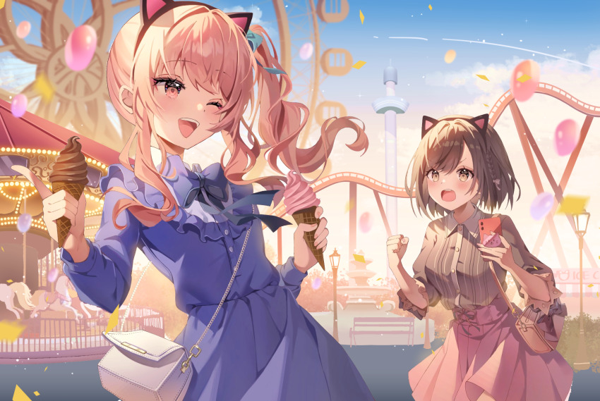 1girl 1other akiyama_mizuki amusement_park animal_ear_hairband animal_ears blue_bow blue_bowtie blue_dress blue_sky blush bow bowtie brown_hair brown_shirt carousel cat_ear_hairband cat_ears cellphone clenched_hand collared_shirt commentary_request cowboy_shot dress fake_animal_ears ferris_wheel fountain gin_(gin937) hairband highres holding holding_ice_cream_cone holding_phone ice_cream_cone long_hair long_sleeves looking_at_another one_eye_closed open_mouth outdoors phone pink_bag pink_eyes pink_hair pink_skirt project_sekai roller_coaster shinonome_ena shirt short_hair side_ponytail skirt sky teeth upper_teeth_only wavy_hair white_bag