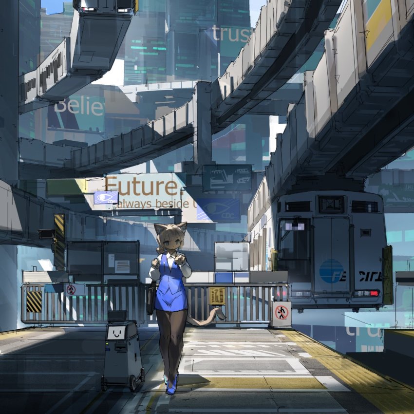 1girl animal_ears black_legwear blue_footwear blue_skirt blue_vest cat_ears cat_girl cat_tail city collared_shirt denchou female_focus furry furry_female highres original outdoors railing robot science_fiction shadow shirt sign skirt solo standing tail train vest white_shirt