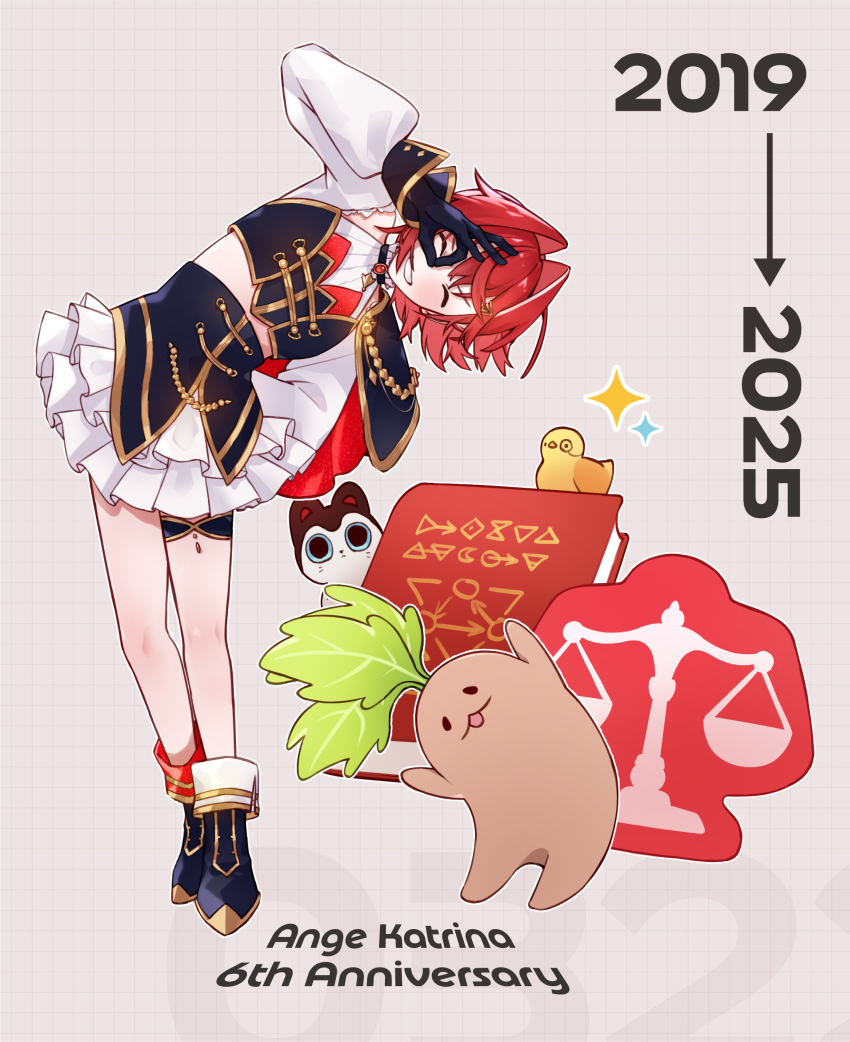 1girl 2019 2025 :3 ^_^ absurdres aiguillette ange_katrina ankle_boots anniversary banken_(inui_toko) blue_boots blue_cape blue_gloves blue_shirt blue_skirt blue_sleeve_cuffs blush book boots brown_background cape character_name closed_eyes clothing_cutout commentary_request creature crossed_bangs fold-over_boots frilled_skirt frills full_body gem gloves gold_trim grid_background grin hair_intakes high-waist_skirt highres layered_shirt layered_skirt leaning_to_the_side long_sleeves mandragora mandragora_(ange_katrina) midriff miniskirt monocle multicolored_hair nijisanji nijisanji_idol_uniform ok_sign ok_sign_over_eye open_mouth outline puffy_long_sleeves puffy_sleeves red_cape red_gemstone red_hair sebastian_piyodore shirt shoulder_cutout side_cape skirt slime_(kuha_le) smile sparkle standing streaked_hair thigh_strap two-sided_cape two-sided_fabric two-tone_hair virtual_youtuber weighing_scale white_hair white_outline white_shirt white_skirt yellow_bird