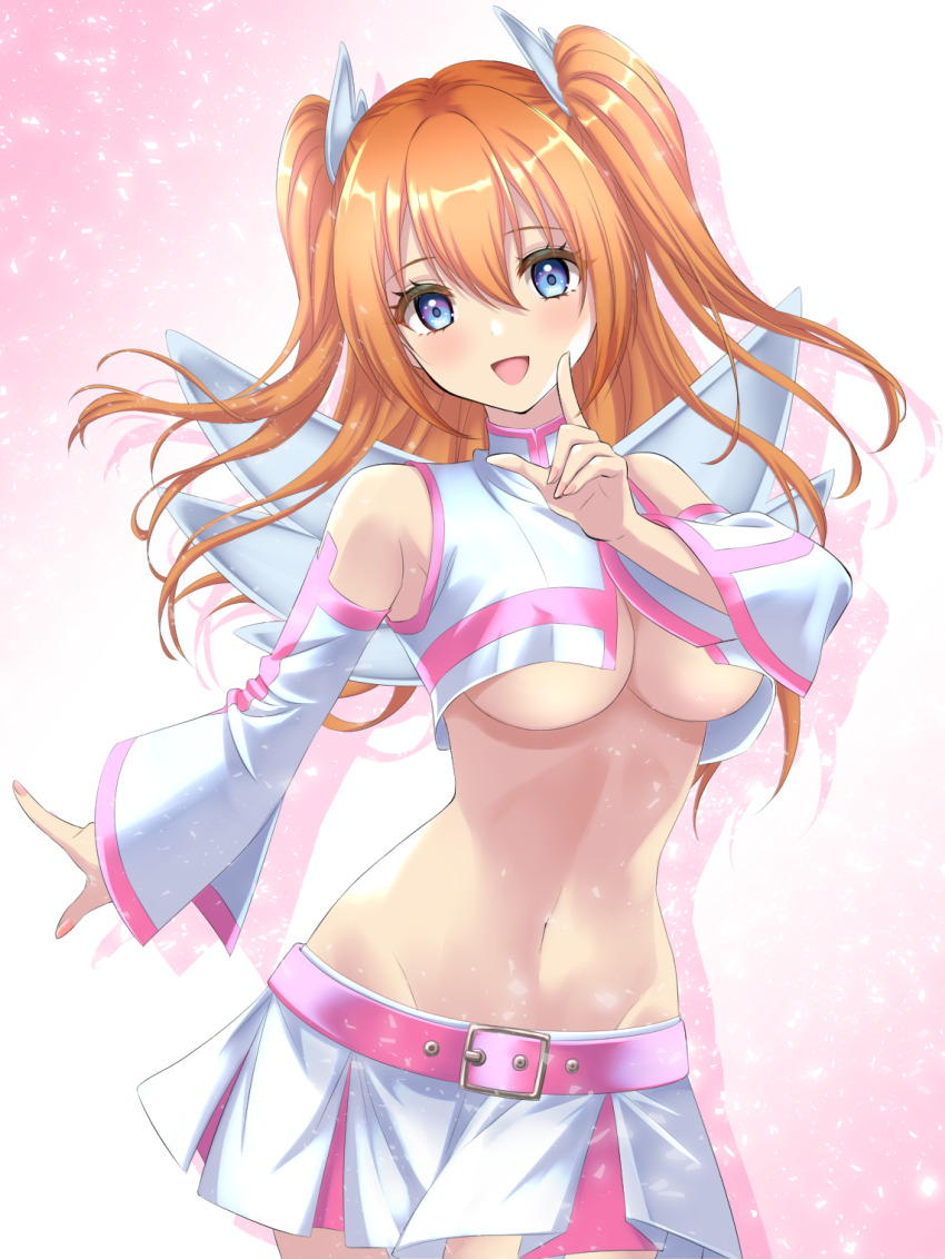 1girl 2.5_jigen_no_ririsa :d amano_ririsa bare_shoulders belt blonde_hair blue_eyes blush breasts commentary_request cowboy_shot crop_top crop_top_overhang detached_sleeves fake_wings groin hair_between_eyes highres index_finger_raised kakiko210 long_hair looking_at_viewer medium_breasts miniskirt multicolored_skirt navel open_mouth partial_commentary pink_belt pink_skirt pleated_skirt shirt sidelocks skirt sleeveless sleeveless_shirt smile solo standing stomach twintails underboob white_shirt white_skirt white_sleeves wig wings