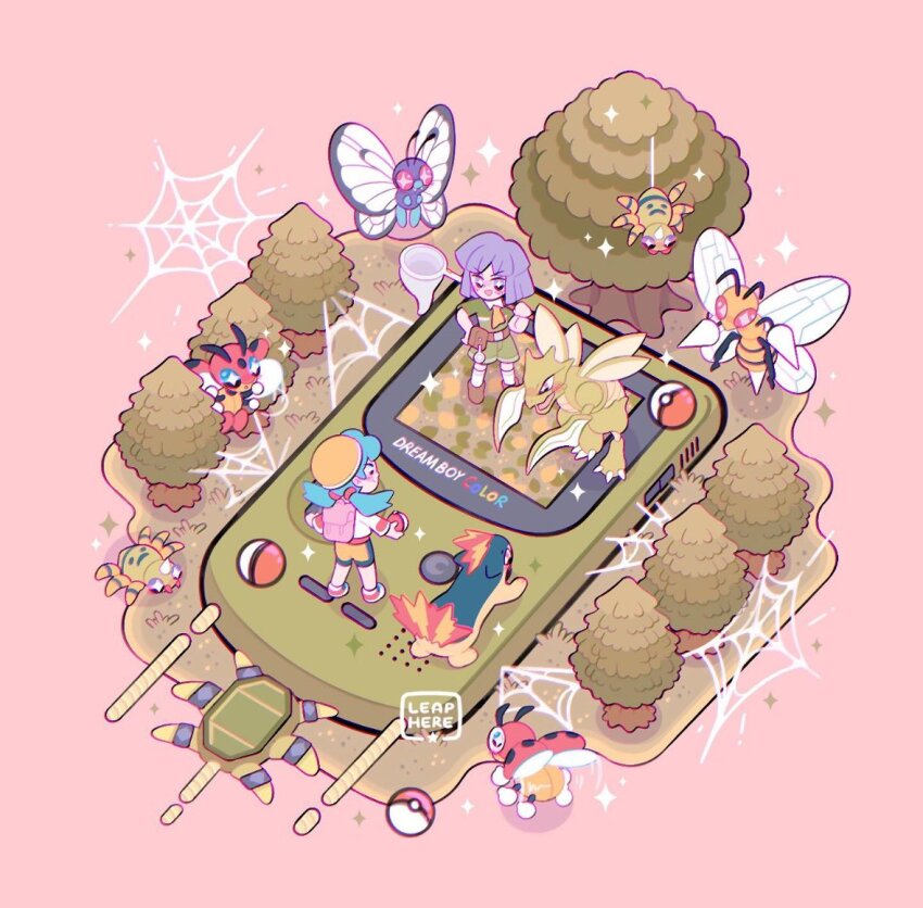 1boy 1girl :d artist_name beedrill belt belt_buckle brown_belt brown_shoes buckle bugsy_(pokemon) butterfree chibi commentary game_boy game_boy_color gen_1_pokemon gen_2_pokemon grass green_shirt green_shorts handheld_game_console hat holding holding_poke_ball jacket kris_(pokemon) leaphere ledian ledyba nintendo open_mouth poke_ball poke_ball_(basic) pokemon pokemon_gsc purple_hair shirt shoes short_sleeves shorts silk smile socks sparkle spider_web spinarak standing star_(symbol) tree white_jacket white_socks yellow_hat