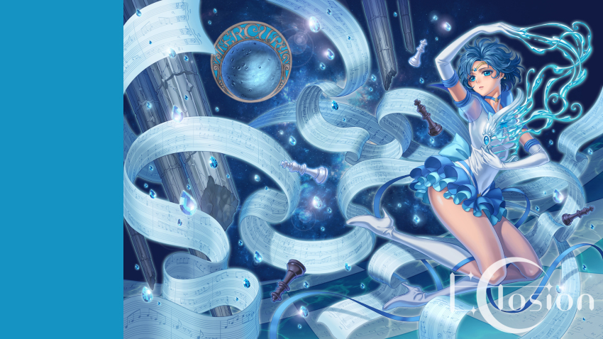 10s 1girl bass_clef beamed_quavers bishoujo_senshi_sailor_moon bishoujo_senshi_sailor_moon_crystal bishoujo_senshi_sailor_moon_stars blue_boots blue_eyes blue_hair blue_sailor_collar blue_skirt boots brooch chess_piece choker earrings eclosion elbow_gloves female_focus flat_sign full_body gloves highres inner_senshi jewelry knee_boots layered_skirt looking_at_viewer magical_girl matching_hair/eyes mizuno_ami musical_note pillar quaver quaver_rest sailor_collar sailor_mercury short_hair skirt solo star_brooch super_sailor_mercury_(stars) tiara treble_clef white_boots white_gloves