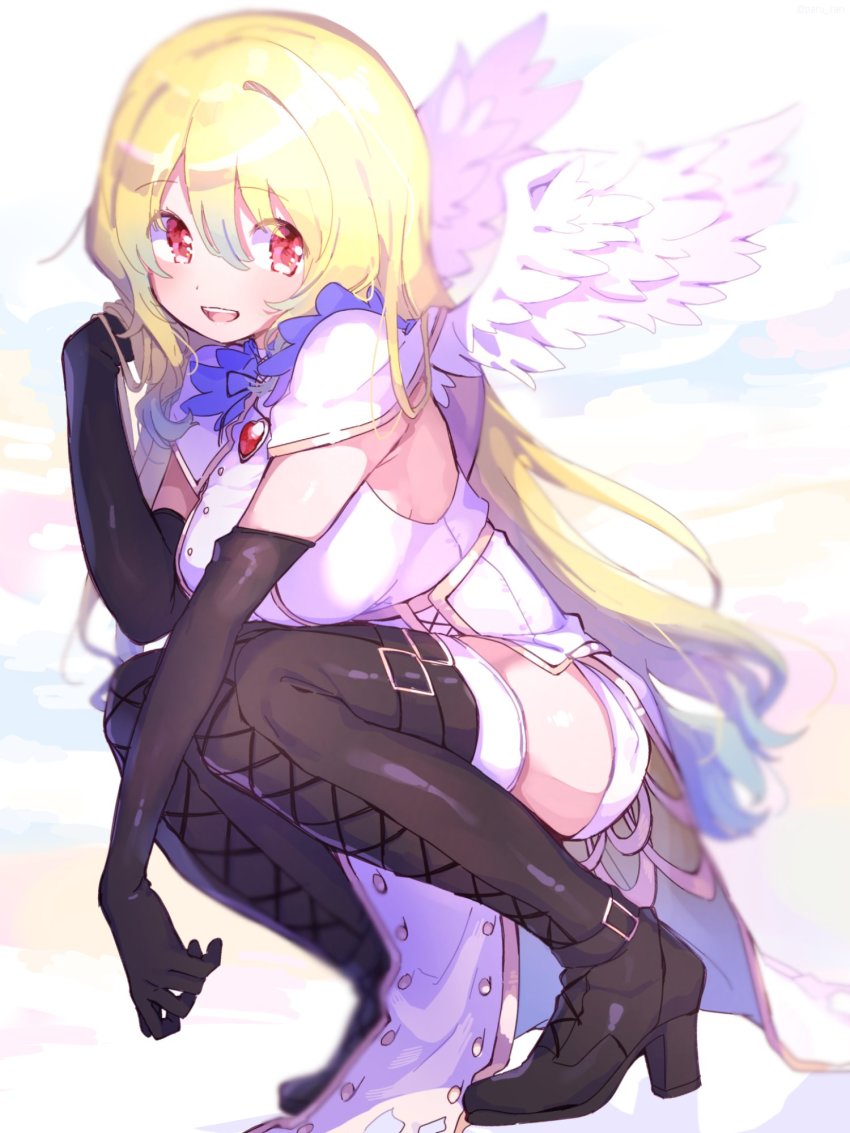 1girl angel_wings armpit_crease belt black_belt black_boots black_gloves black_thighhighs blonde_hair blurry boots breasts capelet commentary cross-laced_clothes depth_of_field dot_nose dress elbow_gloves eyes_visible_through_hair facing_viewer feathered_wings frilled_shirt_collar frills full_body glint gloves gradient_hair green_hair hair_between_eyes hair_down hand_in_own_hair hand_up happy highres kneeling lace-up_boots large_breasts light_smile long_dress long_hair looking_to_the_side magia_record:_mahou_shoujo_madoka_magica_gaiden mahou_shoujo_madoka_magica mini_wings multicolored_background multicolored_hair open_mouth pelvic_curtain red_eyes serizawa_serizane shiny_footwear shiny_skin sideboob simple_background skindentation sleeveless solo soul_gem symbol-only_commentary teeth thigh_boots thighhighs thighhighs_under_boots togame_momoko togame_momoko_(sister_ver.) upper_teeth_only very_long_hair white_background white_capelet white_dress white_thighhighs white_wings wings zettai_ryouiki