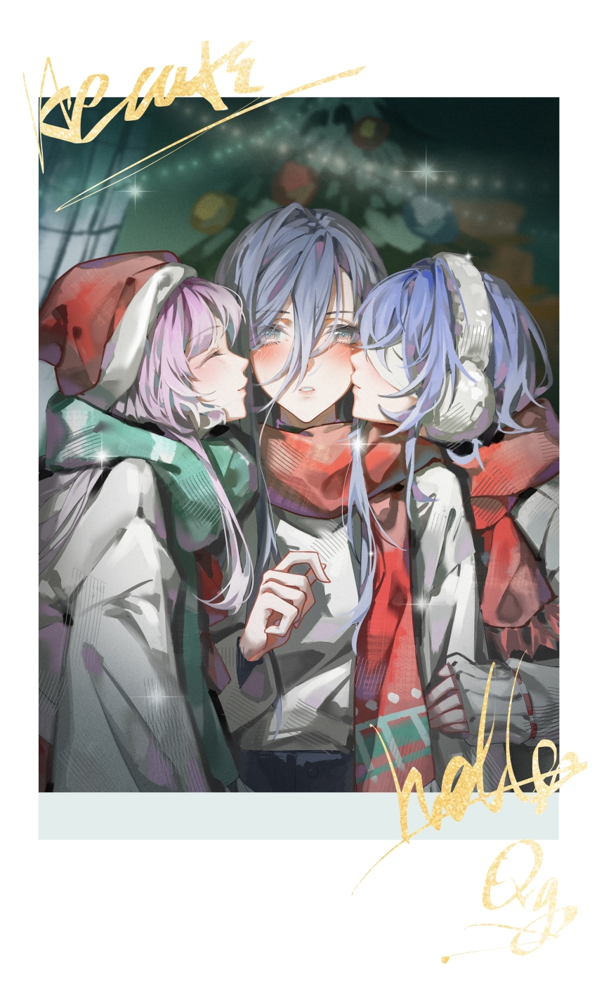3girls :o absurdres alternate_costume black_eyes blindfold blue_hair blurry blurry_background blush character_signature cheek_kiss chief_(path_to_nowhere) christmas_ornaments christmas_tree closed_eyes covered_eyes double_cheek_kiss earmuffs embarrassed fake_photograph female_chief_(path_to_nowhere) green_scarf grey_sweater hair_between_eyes hand_on_another&#039;s_arm hat heads_together hecate_(path_to_nowhere) hella_(path_to_nowhere) highres indoors kiss kissing_cheek long_hair long_sleeves multiple_girls nie_guai path_to_nowhere pink_hair polaroid_photo puckered_lips red_headwear red_scarf santa_hat scarf shirt single_hair_intake sleeves_past_wrists string_of_light_bulbs sweater upper_body white_shirt yuri