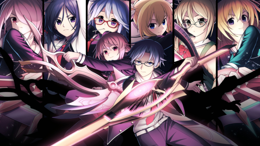 1boy 6+girls arimura_hinae back-to-back belt belt_buckle black_dress black_pants black_shoes black_thighhighs blonde_hair blue_eyes blue_hair bow breasts brown_cardigan brown_eyes brown_hair buckle cardigan chaos;child collarbone collared_shirt d-sword dress everyone frown glasses glowing glowing_sword glowing_weapon hair_bow hair_over_one_eye hair_ribbon hekiho_academy_school_uniform holding holding_sword holding_weapon hood huge_weapon jacket kazuki_hana kunosato_mio kurusu_nono lab_coat lapels leather_belt loafers lollipop_in_mouth long_hair looking_at_viewer minamisawa_senri miyashiro_takuru multiple_girls multiple_hair_bows necktie notched_lapels onoe_serika open_clothes open_jacket open_mouth orange_hair pants pink_eyes pink_hair purple_eyes purple_hair red-framed_eyewear red_necktie ribbon school_uniform serious shiny_eyes shirt shoes smile sword taba_neruko thighhighs v-shaped_eyebrows weapon white_belt white_hood white_shirt yamazoe_uki