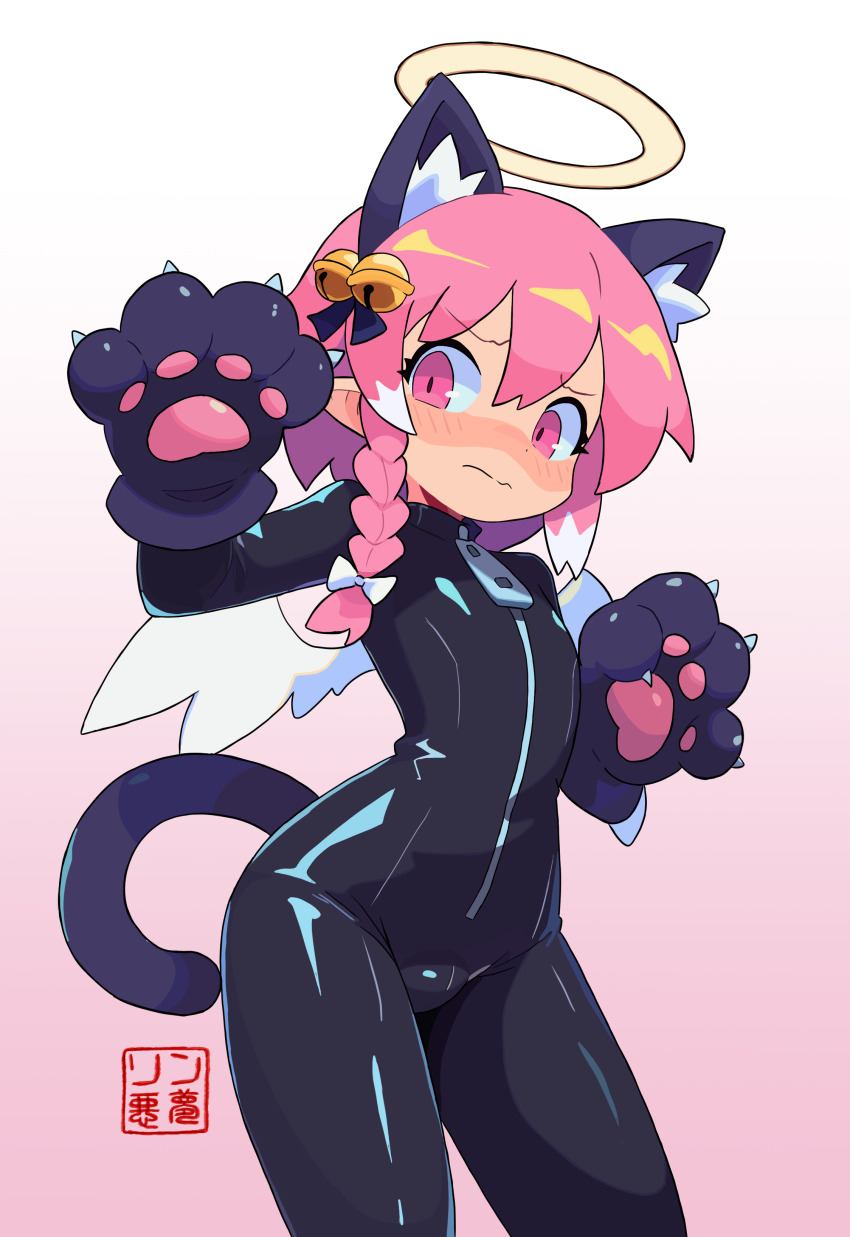 angel angel_boy angel_wings animal_ears bodysuit cat_boy cat_ears cat_paws cat_tail crossdressing halo kuu latex pink_eyes pink_hair rin_nightmare shota tail trap wings