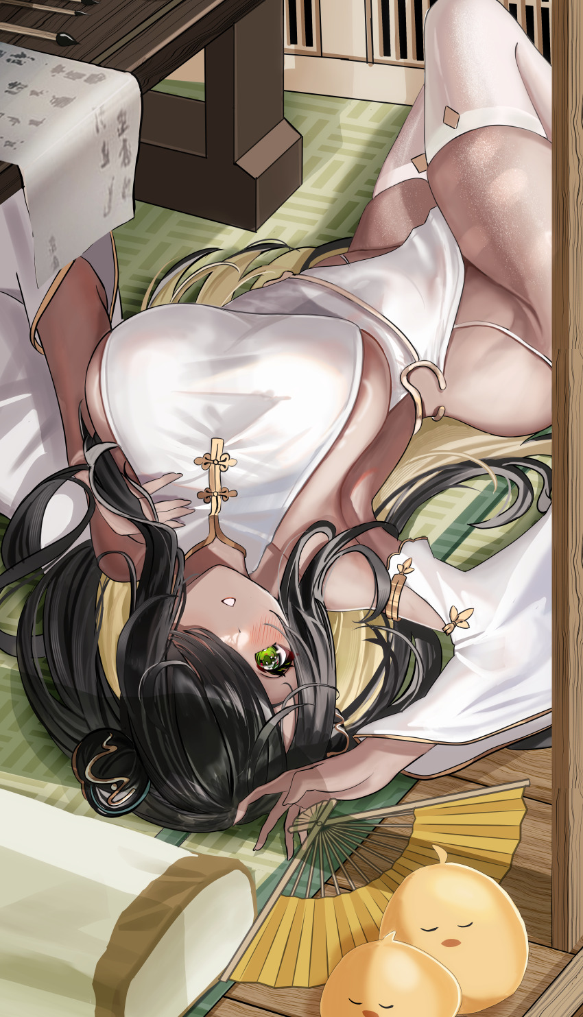 1girl absurdres azur_lane black_hair blonde_hair blush breasts calligraphy_brush china_dress chinese_clothes colored_inner_hair dark-skinned_female dark_skin dress green_eyes gurei_(streaper42846) hair_over_one_eye hand_fan highres large_breasts long_hair looking_at_viewer lying manjuu_(azur_lane) multicolored_hair northampton_(azur_lane) northampton_ii_(azur_lane) northampton_ii_(comfy_crane_amidst_the_clouds)_(azur_lane) official_alternate_costume on_back paintbrush paper parted_lips sideboob table taut_clothes taut_dress thighhighs white_dress white_thighhighs wooden_table