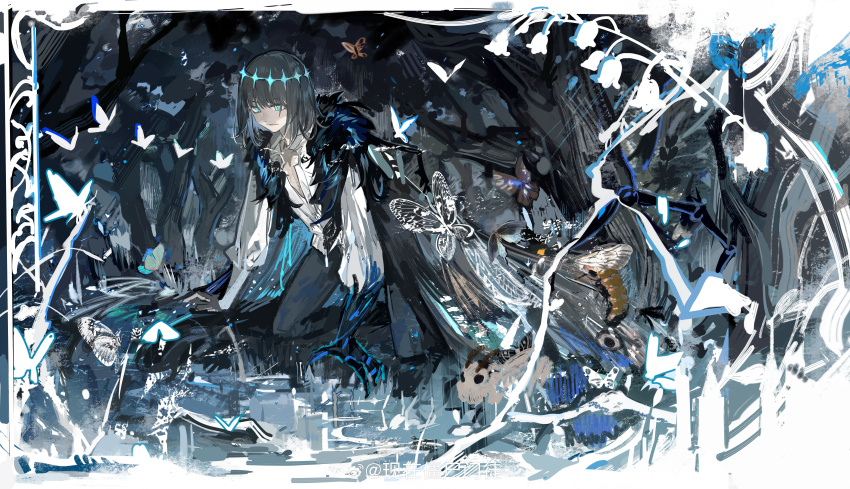1boy absurdres arthropod_boy asymmetrical_arms blanca_(fate) blue_eyes bug butterfly cape closed_mouth dark diamond_hairband fate/grand_order fate_(series) flower forest fur-trimmed_cape fur_trim grass grey_hair grey_pants hands_on_ground highres insect kneeling lily_of_the_valley long_sleeves looking_down male_focus medium_hair mento moth multicolored_cape nature oberon_(fate) oberon_(third_ascension)_(fate) on_grass on_ground orange_butterfly outdoors pants shirt solo tree water watermark weibo_watermark white_butterfly white_shirt