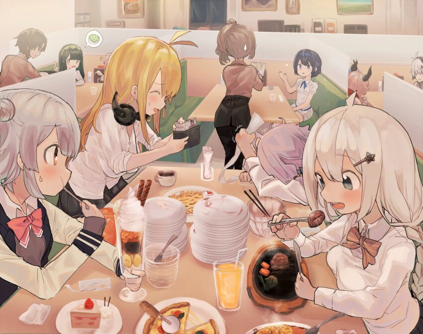 1boy 2others 6+girls ^^^ ^_^ alternate_costume antenna_hair apron banknote belt black_hair black_pants blazer blonde_hair blue_belt blue_eyes blue_hair blue_hairband blush booth_seating bow bowtie brown_hair cake cake_slice cevio closed_eyes coffee collared_shirt commentary_request double_bun eating flower_(vocaloid) flower_(vocaloid4) food french_fries frimomen_(voicepeak) from_side furrowed_brow green_hairband grey_eyes grey_hair hair_bun hairband head_on_table headphones headphones_around_neck heart high_side_ponytail highres holding holding_menu holding_money holding_wallet horns index_finger_raised indoors jacket kizuna_akari koharu_rikka kotonoha_akane kotonoha_aoi long_hair long_sleeves meika_hime meika_mikoto menu money multiple_girls multiple_others nervous_smile open_mouth orange_bow orange_bowtie pants parfait pink_hair pizza plate plate_stack profile puffy_short_sleeves puffy_sleeves purple_bow purple_bowtie purple_hair receipt restaurant satou_sasara school_uniform shikoku_metan shirt short_hair short_shorts short_sleeves shorts siwasunohige sizzler_plate sleeves_pushed_up smile spoken_food steak suzuki_tsudumi sweatdrop takahashi_amato tears touhoku_zunko trembling tsurumaki_maki utau vocaloid voicepeak voiceroid waist_apron waitress wallet white_hair white_shirt white_shorts yellow_eyes yen yuzuki_yukari zunda_mochi