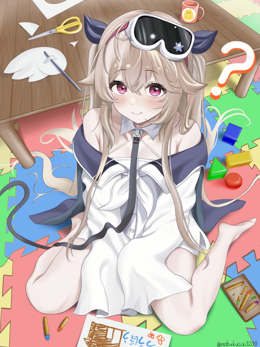 1girl ? absurdres aged_down azur_lane bare_shoulders barefoot blue_ribbon blush brown_hair closed_mouth crayon cup goggles goggles_on_head hair_ribbon highres little_anchorage_(azur_lane) long_sleeves manjuu_(azur_lane) mug nobukusa0209 pink_eyes ribbon scissors sitting sleeves_past_fingers sleeves_past_wrists smile solo table wariza wooden_table