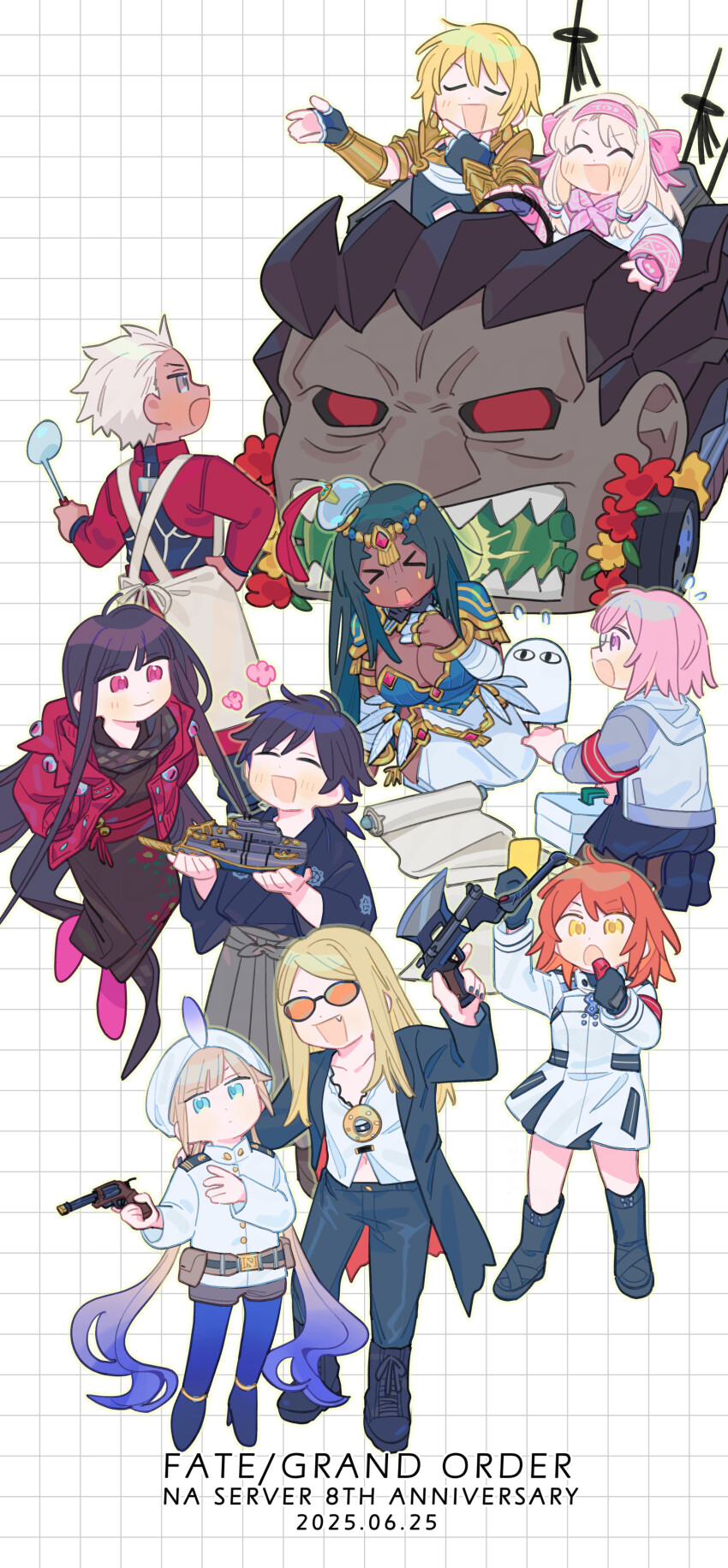 absurdres anniversary archer_(fate) bersercar black_hair blonde_hair blue_hair captain_nemo_(fate) captain_nemo_(first_ascension)_(fate) chibi dark-skinned_female dark_skin fate/grand_order fate_(series) fujimaru_ritsuka_(female) fujimaru_ritsuka_(female)_(decisive_battle_chaldea_uniform) gun heracles_(fate) highres jason_(fate) long_hair mash_kyrielight medjed_(fate) model_ship nemo_(fate) oneroom-disco orange_hair oryou_(fate) oryou_(lancer)_(fate) pink_hair sakamoto_ryouma_(lancer)_(fate) scheherazade_(fate) short_hair sitonai_(fate) tezcatlipoca_(fate) weapon white_hair