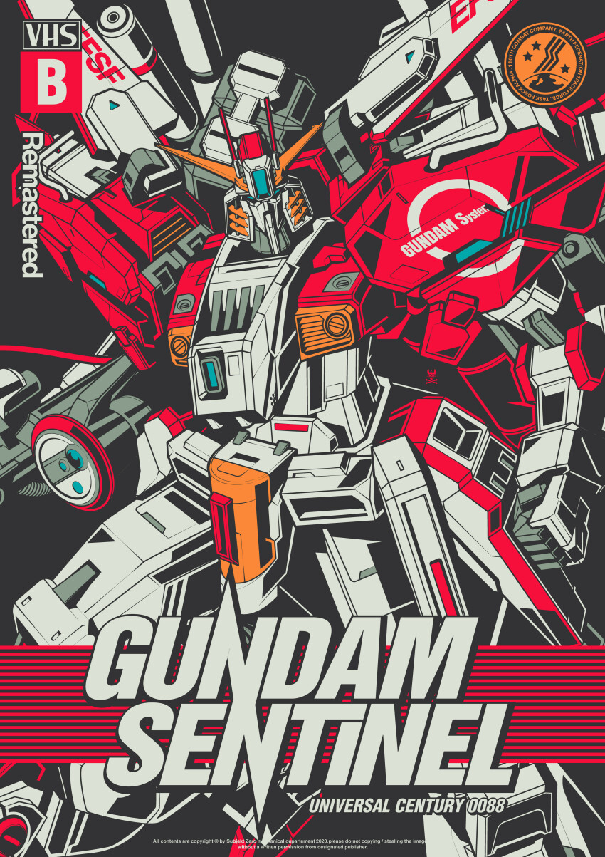 absurdres artist_logo beam_rifle blue_eyes clenched_hand commentary commission copyright_name cover earth_federation_space_forces energy_gun english_commentary ex-s_gundam fake_cover gun gundam gundam_sentinel highres holding holding_gun holding_weapon logo looking_at_viewer mecha mobile_suit robot science_fiction solo subjekt_zero v-fin vhs_cover weapon