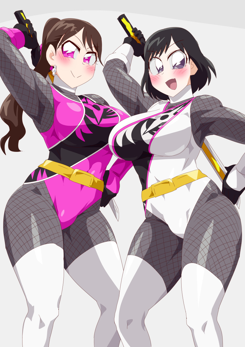 2girls absurdres black_hair bodysuit brown_hair highres igasaki_fuuka momochi_kasumi multiple_girls no_headwear otokamu pink_eyes purple_eyes shuriken_sentai_ninninger super_sentai