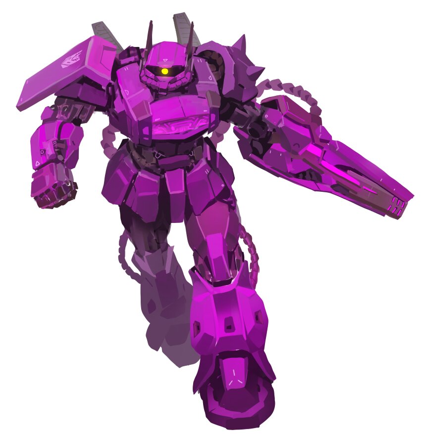 absurdres arm_cannon clenched_hand commentary decepticon full_body fusion glowing glowing_eye gundam highres mecha mecha_focus mobile_suit_gundam no_humans one-eyed robot science_fiction shockwave_(transformers) shoulder_spikes simple_background solo spikes subakeye transformers walking weapon white_background yellow_eyes zaku_ii