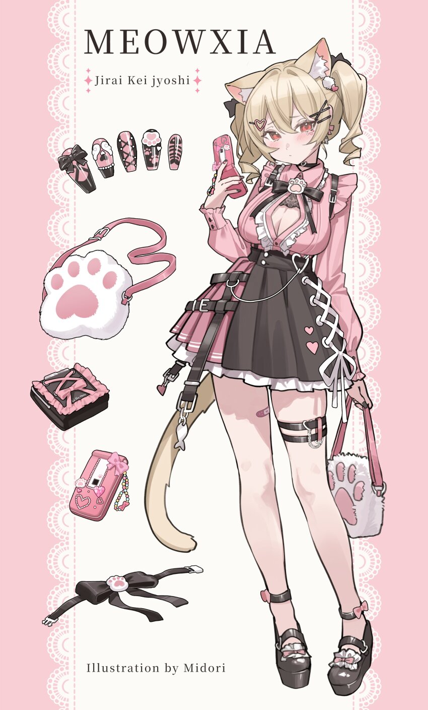 1girl absurdres animal_ear_fluff animal_ears animal_hands bag black_footwear black_nails black_ribbon black_skirt blonde_hair blush bow breasts buckle cat_ears cat_girl cat_tail character_name cleavage closed_mouth dot_mouth dot_nose double-parted_bangs earrings fish_earrings frilled_skirt frilled_sleeves frills full_body hair_between_eyes hand_up highres holding holding_bag holding_phone jirai_kei large_breasts long_sleeves looking_at_viewer meowxia midori_fufu neck_ribbon original phone pink_bow pink_nails pink_shirt red_eyes reference_sheet ribbon shirt short_hair short_twintails skirt solo standing tail thigh_strap twintails white_bag white_ribbon yellow_tail