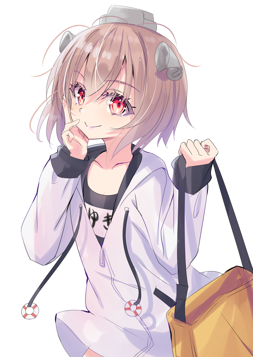 1girl absurdres bag blue_one-piece_swimsuit blush brown_eyes brown_hair collarbone cowboy_shot headgear highres hizaka hood hooded_jacket jacket kantai_collection long_sleeves looking_at_viewer name_tag one-piece_swimsuit school_swimsuit short_hair simple_background smile solo speaking_tube_headset swimsuit swimsuit_under_clothes white_background white_jacket yukikaze_(swimsuit)_(kancolle)