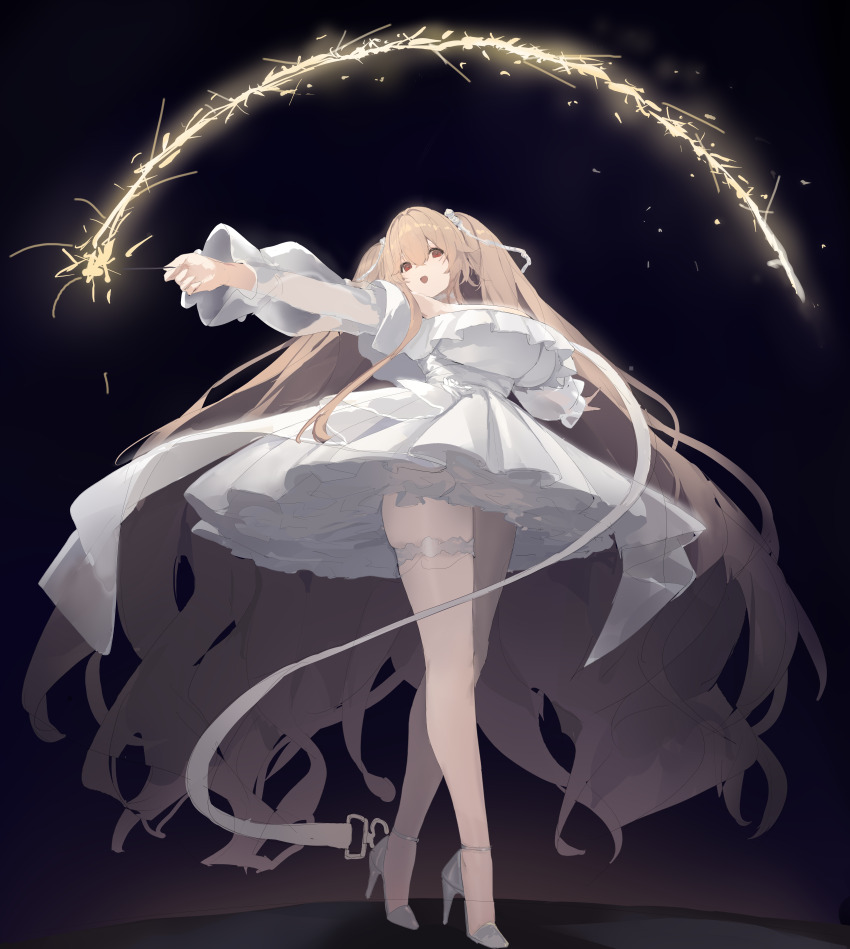 1girl absurdres anchorage_(azur_lane) anchorage_(oath_of_sunsets_and_fireworks)_(azur_lane) azur_lane black_background breasts bride brown_hair dress fireworks high_heels highres holding holding_fireworks large_breasts lump_saury off-shoulder_dress off_shoulder official_alternate_costume open_mouth solo wedding_dress white_dress
